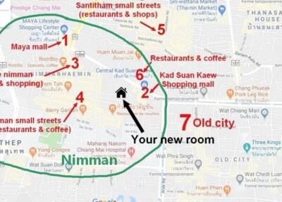 Map showing the location of a new room near Nimman area with nearby amenities highlighted