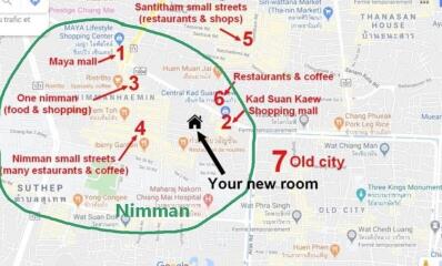 Map showing the location of a new room near Nimman area with nearby amenities highlighted