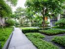 lush garden path in a modern residential complex