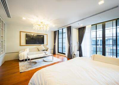 Spacious and elegantly decorated bedroom with large windows and luxurious amenities