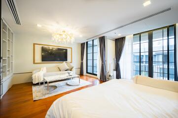 Spacious and elegantly decorated bedroom with large windows and luxurious amenities