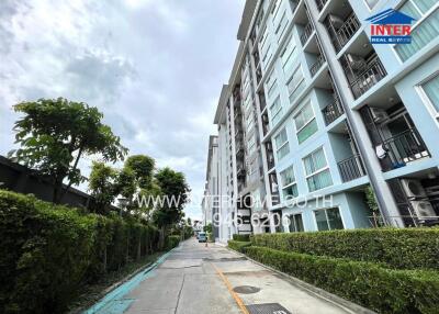 Exterior view of modern residential apartment building with landscaped pathway