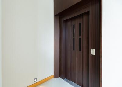Modern wooden door in a bright minialistic corridor