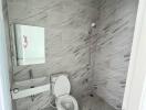 Modern bathroom with stylish tiled walls and sleek fixtures