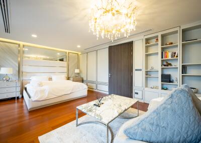 Luxurious spacious bedroom with elegant decor and ample lighting