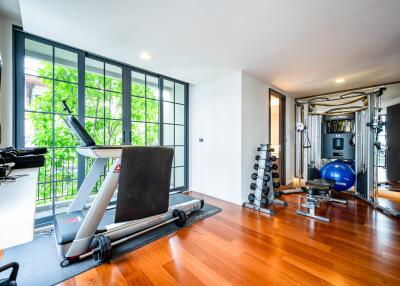 Well-equipped home gym with natural light