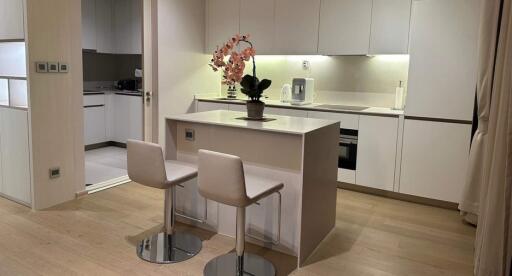 Modern kitchen with breakfast bar and elegant lighting