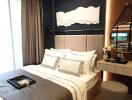 Elegant bedroom with modern design featuring plush bedding, contemporary wall art, and sophisticated decor