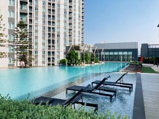 Luxurious outdoor swimming pool with lounging chairs and modern residential building