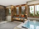 Luxurious modern bathroom with large windows and natural view