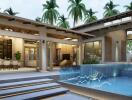 Luxurious outdoor patio with integrated swimming pool and open-plan living space