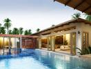 Luxurious home outdoor pool and patio area with sliding doors and lounge seating