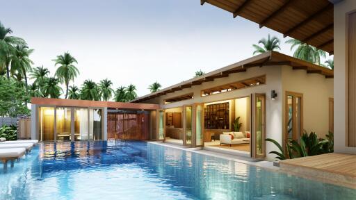 Luxurious home outdoor pool and patio area with sliding doors and lounge seating