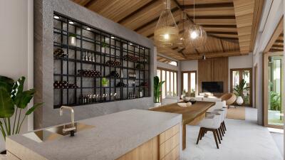 Modern kitchen with marble countertops, a large wine rack, and stylish pendant lighting