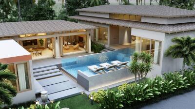 Luxurious home exterior with swimming pool and lush garden