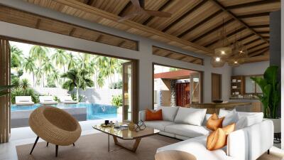Spacious living room with a view of the pool