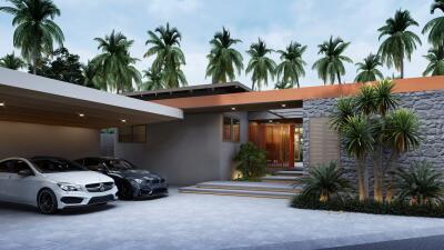 Modern home exterior with a driveway featuring two cars and tropical landscaping at dusk
