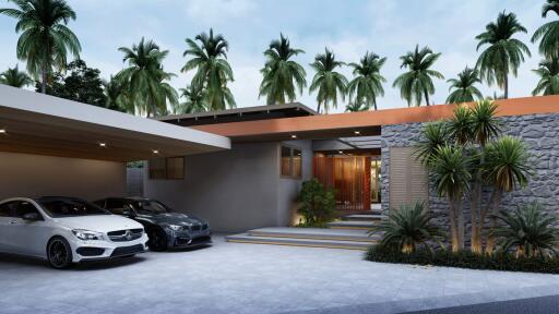 Modern home exterior with a driveway featuring two cars and tropical landscaping at dusk