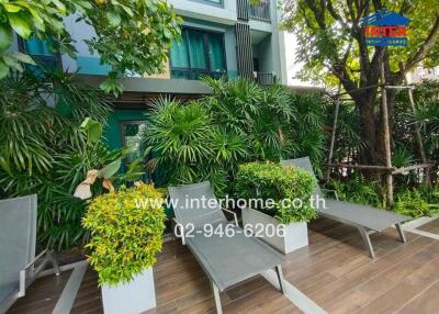Lush garden terrace with seating in modern residential building