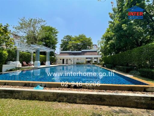 Luxurious backyard with a large swimming pool and lounge chairs in a residential property