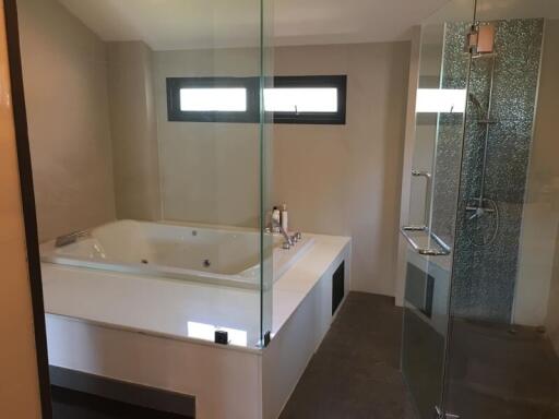 Modern bathroom with jacuzzi tub and separate glass shower enclosure