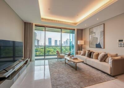 Modern living room with large windows and city view