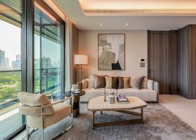 Elegant living room with panoramic city view through large windows