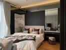 Elegant modern bedroom with integrated workspace