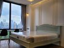 Elegant bedroom with a large window view of the cityscape