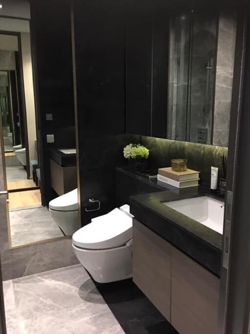 Modern bathroom with elegant fixtures and dark tiles