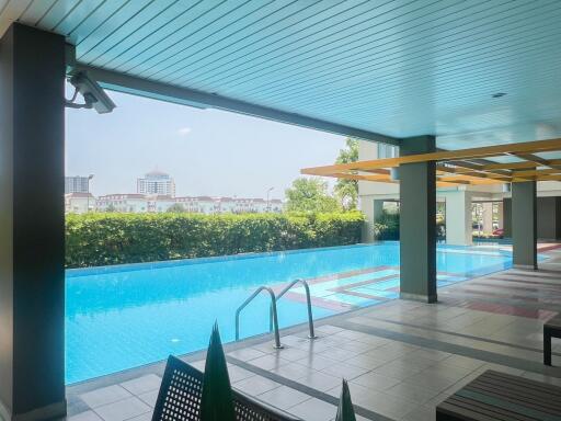 Luxurious outdoor swimming pool with covered patio and lush greenery