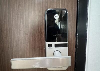 modern security smart lock on wooden door