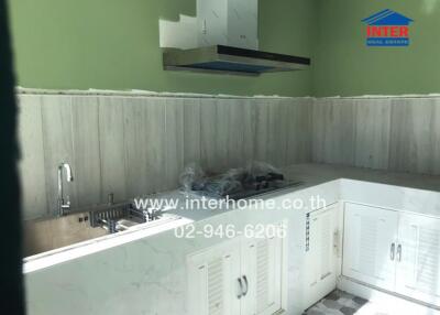 Spacious kitchen with modern amenities and green walls