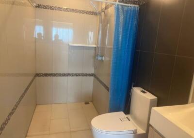 Modern bathroom with blue shower curtain