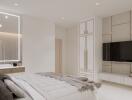 Modern elegant bedroom with large TV and luxurious design