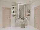 Elegant modern bathroom with illuminated mirror and stylish decor