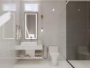 Modern spacious bathroom with white fixtures and elegant lighting