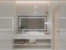 Modern bathroom with large mirror and bright lighting