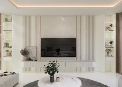 Elegant and modern living room interior with a large wall-mounted TV and minimalist decor