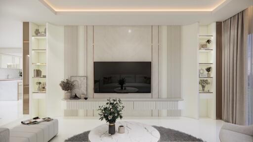 Elegant and modern living room interior with a large wall-mounted TV and minimalist decor