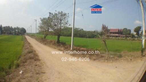 Rural road leading towards a traditional house with a real estate sign
