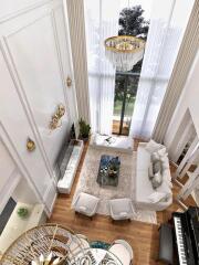 Elegant open living room with high ceiling and garden view