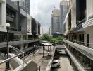 Urban residential area with modern apartment buildings and street view