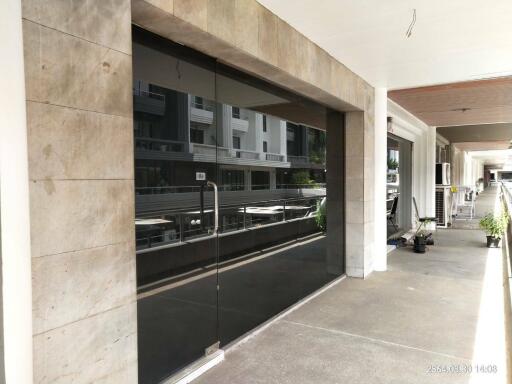 Modern building entrance with reflective glass doors and a well-maintained approach