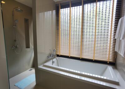 Spacious bathroom with large tub, separate shower, and natural light