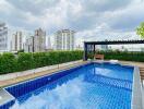 Luxurious rooftop pool with city skyline view
