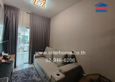 Modern bedroom interior with gray furnishing and stylish lighting
