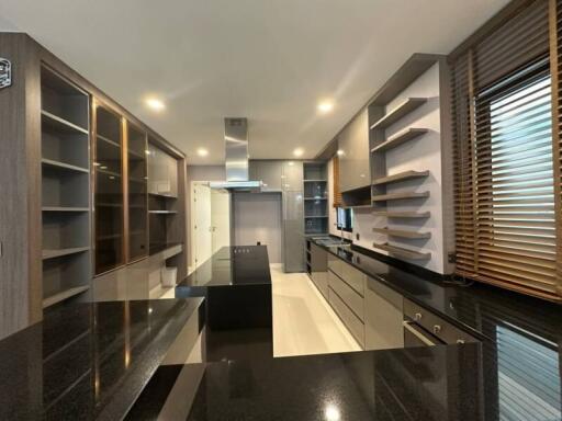 Modern kitchen with glossy black countertops and wooden accents