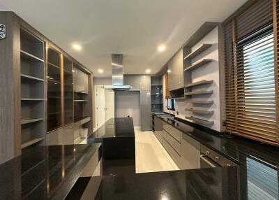Modern kitchen with glossy black countertops and wooden accents