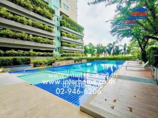 Swimming pool with surrounding greenery at a residential building